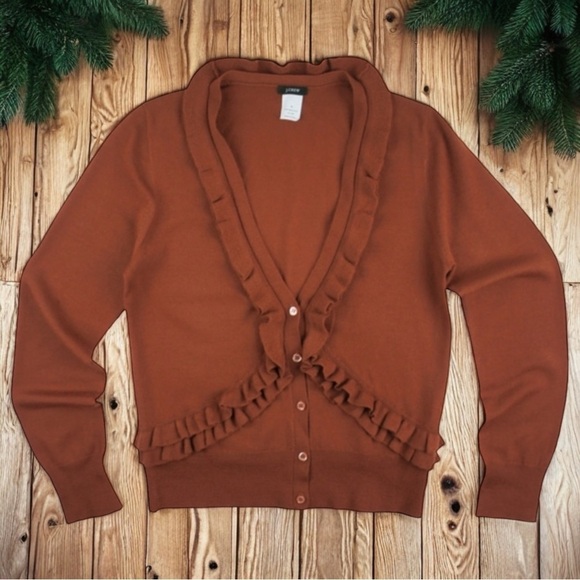 J. Crew Soft Merino Wool Rust Orange Ruffle Trim Cardigan Sweater Women's Size S - Picture 1 of 7